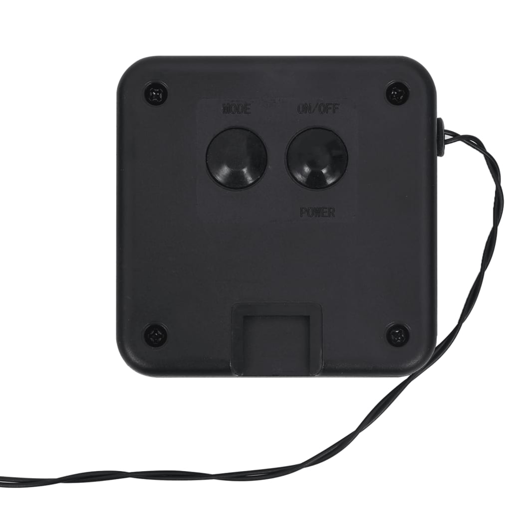 Black square solar panel for fairy lights with volume, power, and mode knobs, attached to a long black wire.