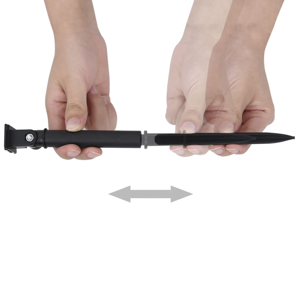 Two hands demonstrating the extension of a black telescopic tool with a pointed tip.
