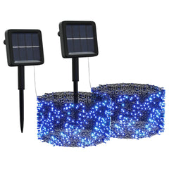 Two solar-powered fairy light strands with 200 blue LEDs each, on stakes with panels.