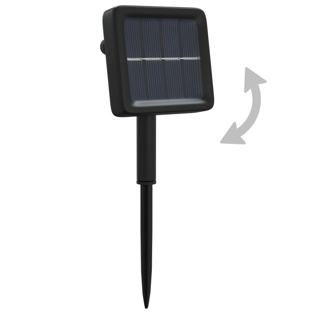 Black solar-powered fairy light stake with adjustable panel for outdoor use.
