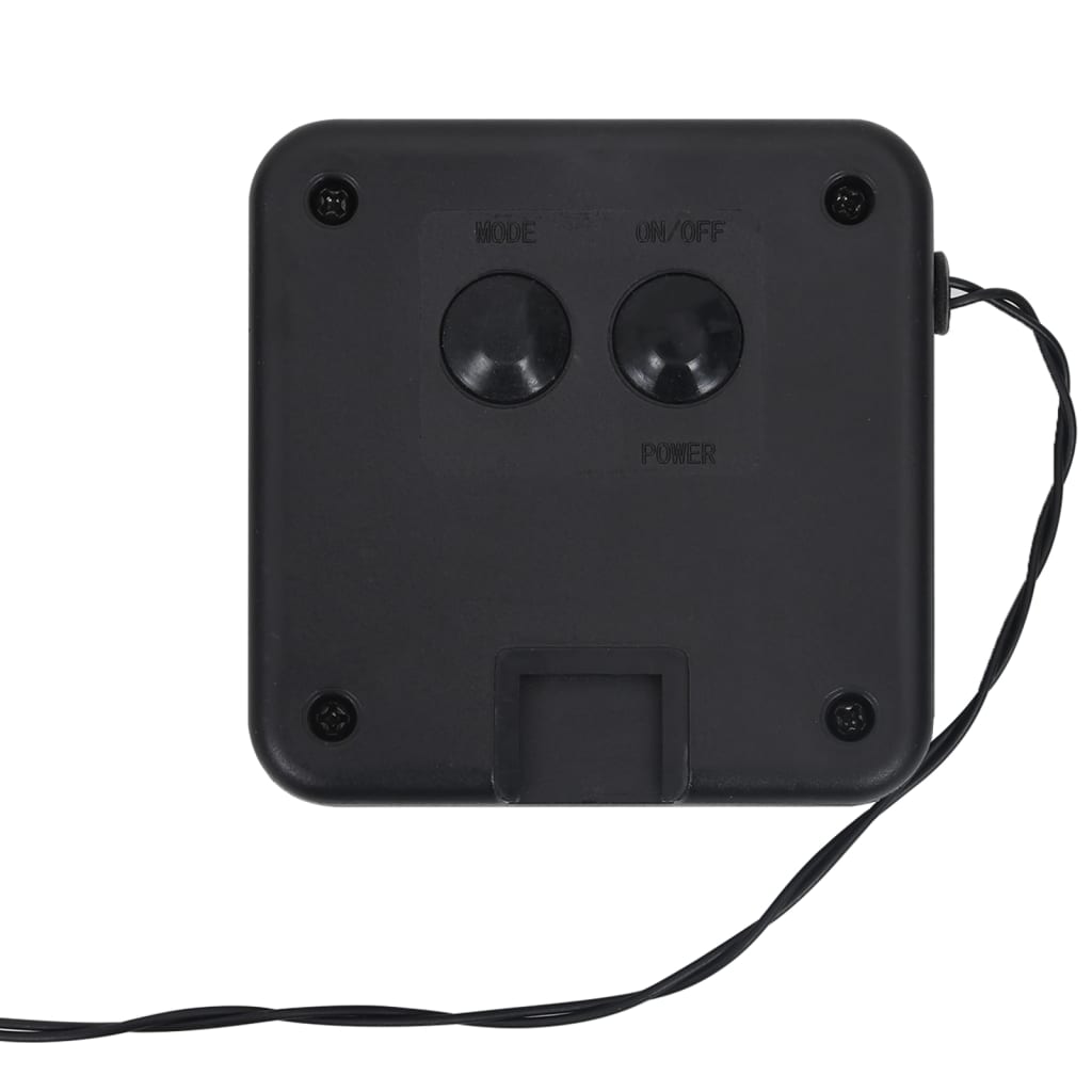 Black solar-powered control box for fairy lights with volume, power buttons, and attached cable.