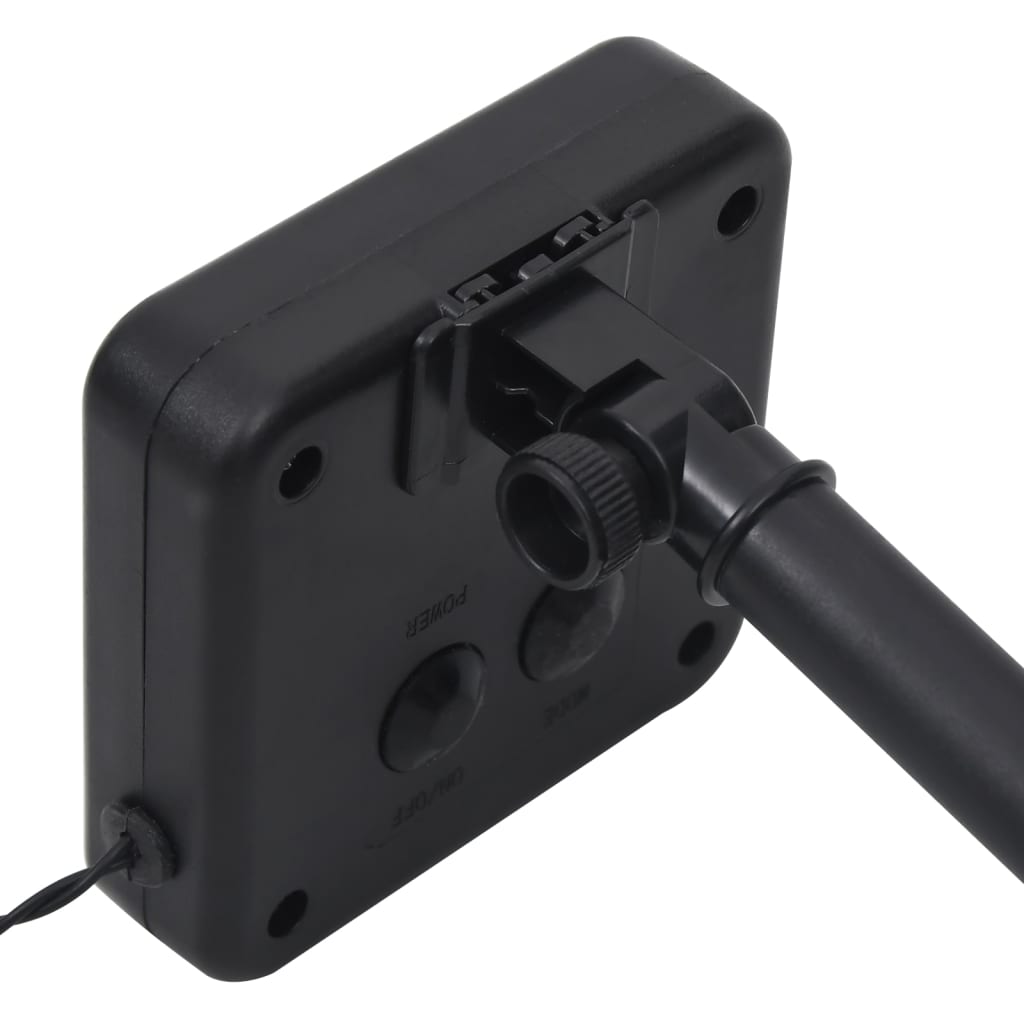 Black solar panel with adjustable mount and stake for fairy lights.