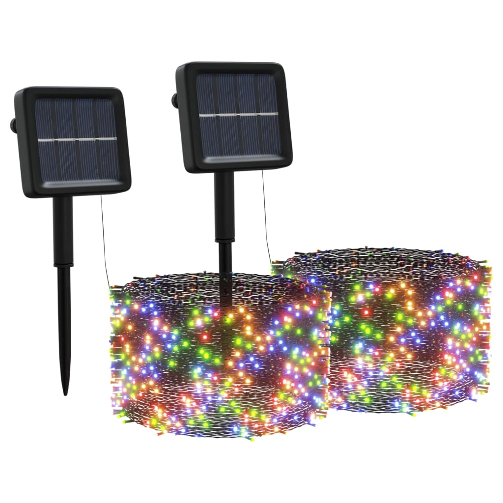 Two solar-powered fairy light strands with 400 colorful LEDs, stakes, and panels.
