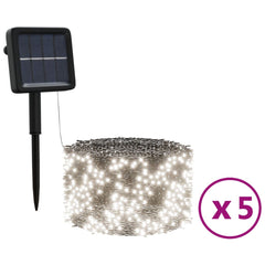 Solar fairy lights with panel and stake next to a lit string, 5-pack.