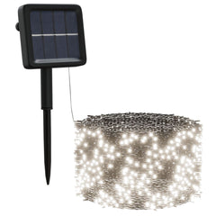 Solar fairy lights with 1000 cold white LEDs, 5-pack, featuring solar panel and stake.