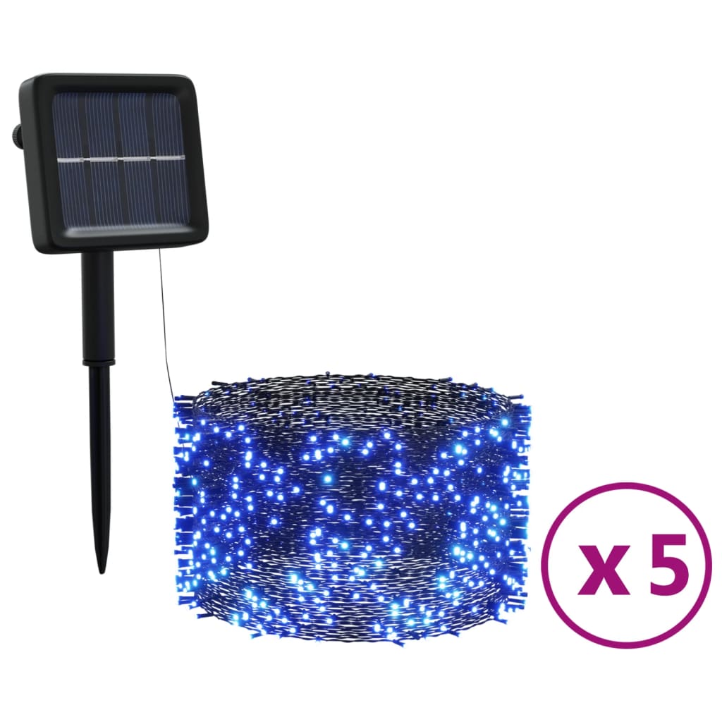 Pack of five solar-powered blue fairy lights, each with 200 LEDs on 33-foot strands, shown with stake and panel.
