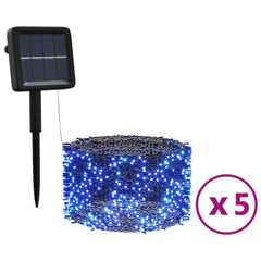 Pack of five solar-powered blue fairy lights, each with 200 LEDs on 33-foot strands, shown with stake and panel.