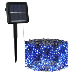 Solar fairy lights with blue LEDs, stake, and solar panel for indoor outdoor use.