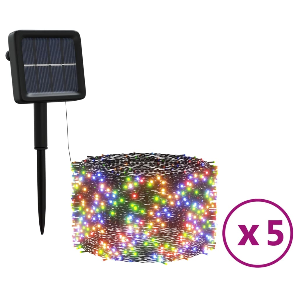 5-pack of Bostome solar fairy lights with 200 colorful LEDs each, including solar panel and stake.