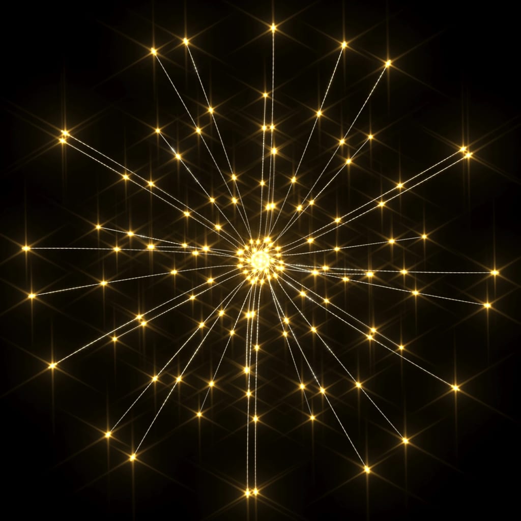 Warm white LED lights on flexible copper strings shaped like fireworks for outdoor decor.