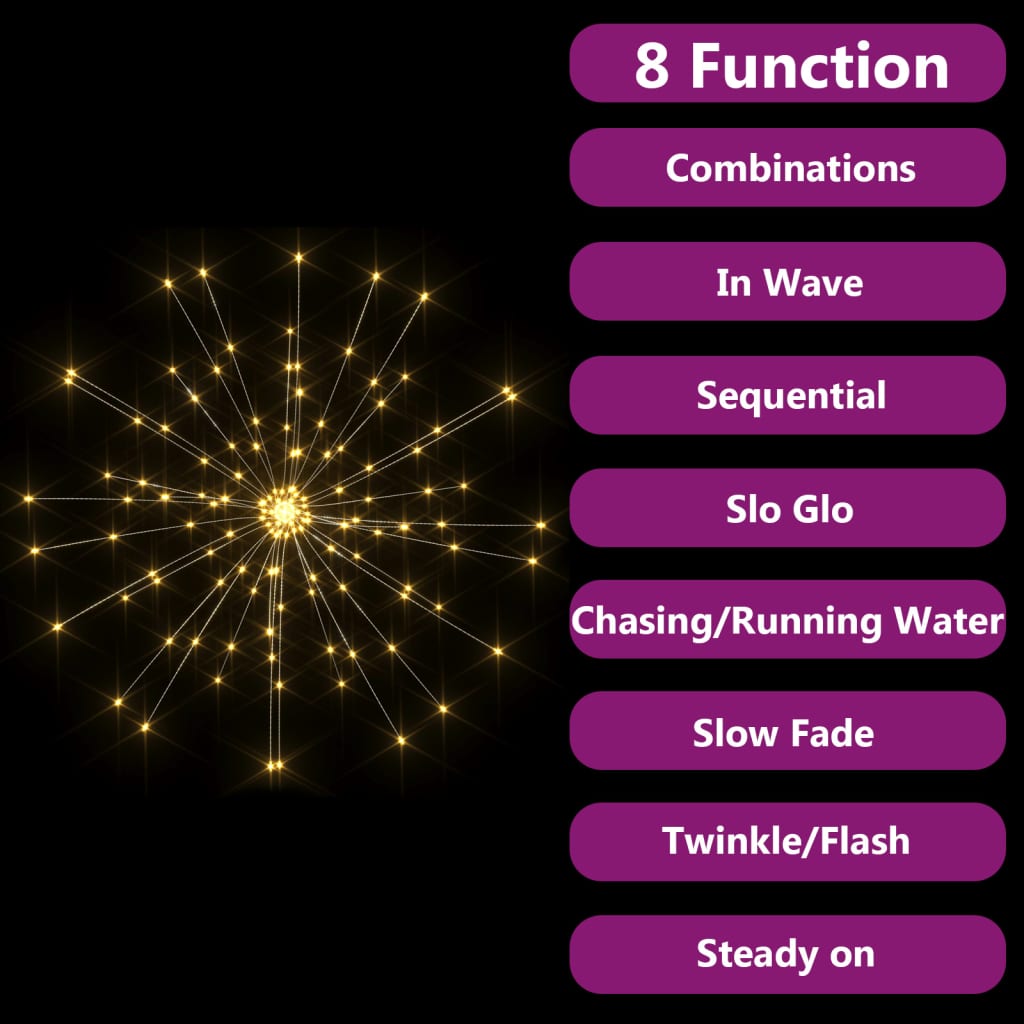 Warm white LED firework lights on flexible copper strings for festive outdoor decor.