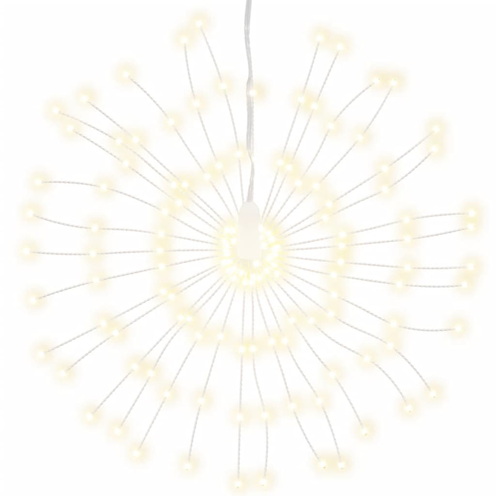 Warm white LED lights on flexible copper strings designed to mimic fireworks for outdoor decor.
