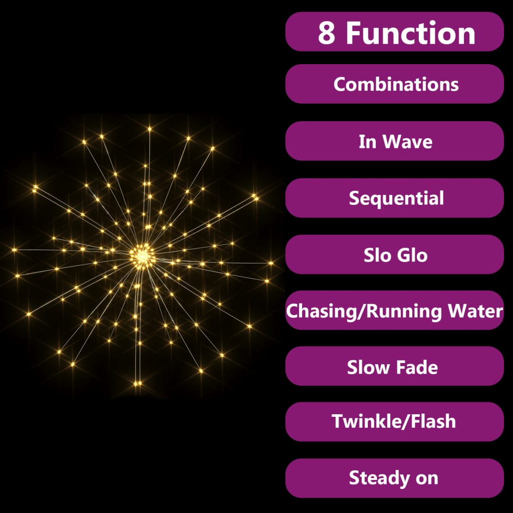 Two 7.9ft firecracker-style warm white LED light strands with 8 lighting modes and remote control.