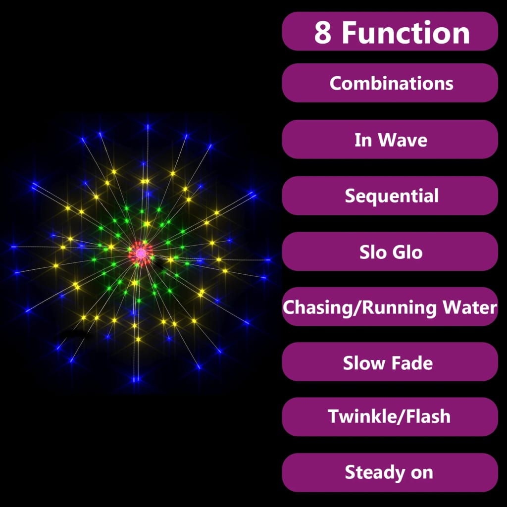 Multicolor LED firecracker string lights with 140 energy-efficient bulbs for outdoor use.