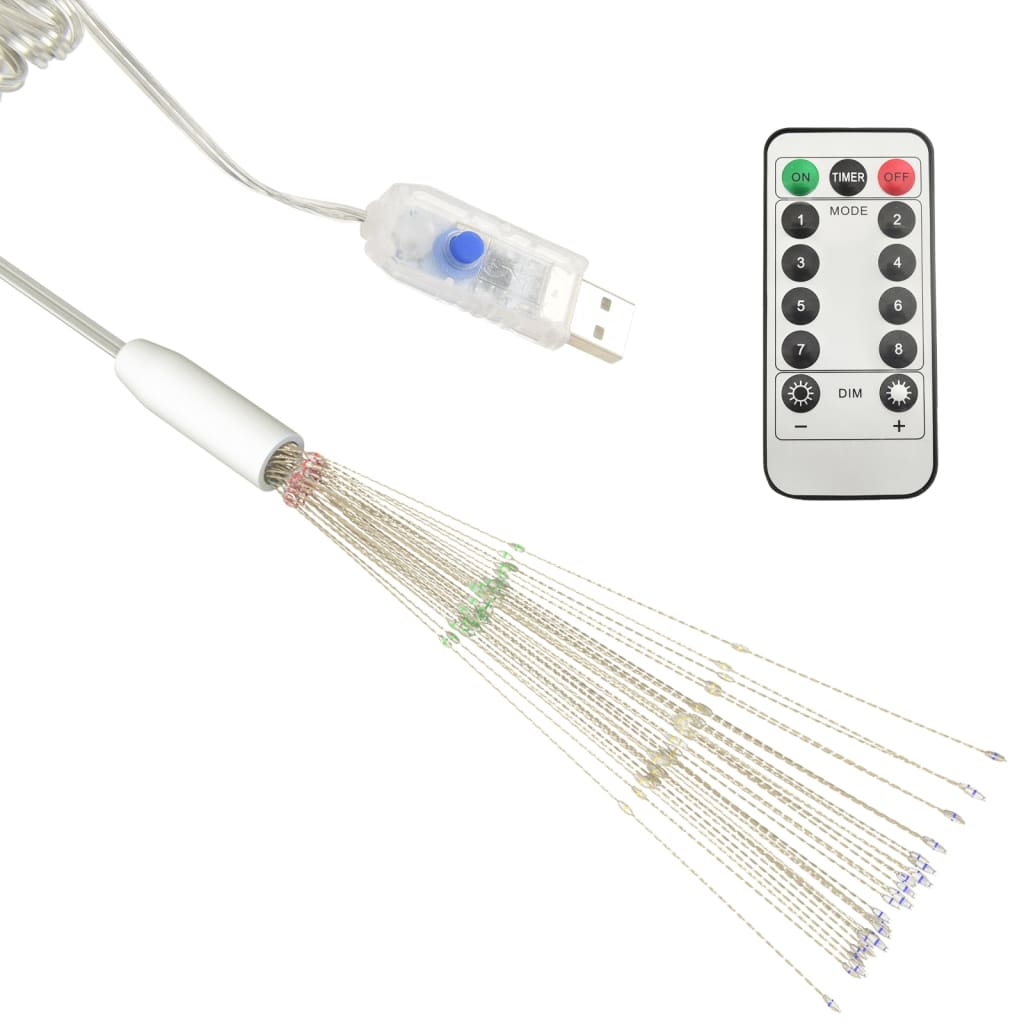Multicolor LED firecracker string lights with 140 energy-efficient LEDs for outdoor use.