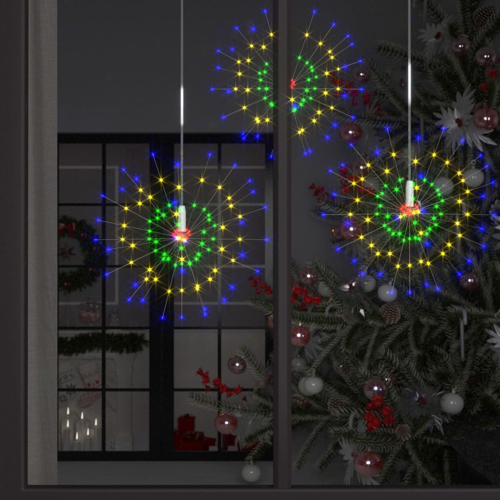 Multicolor LED firecracker string lights with 140 energy-efficient bulbs for outdoor use.