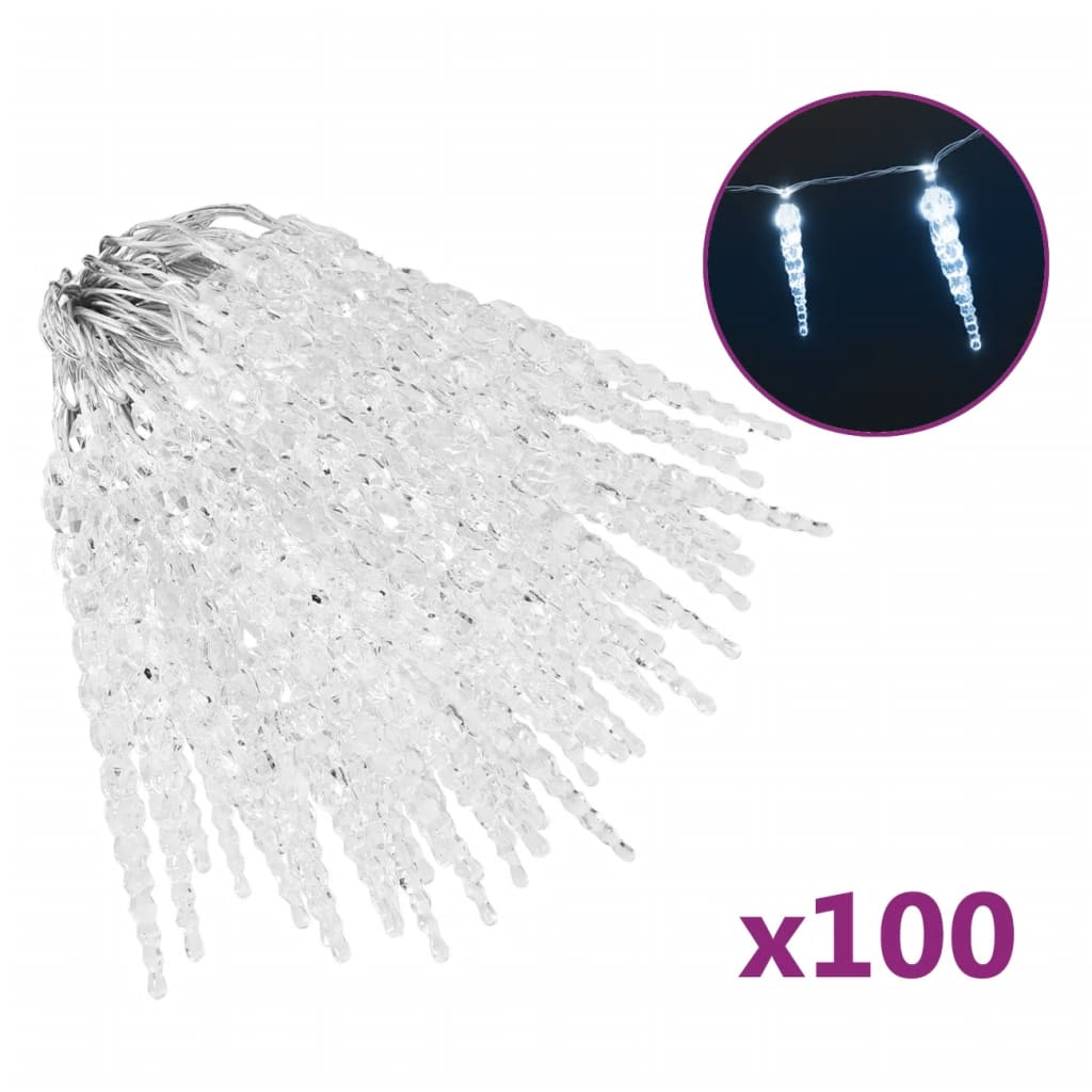 100 cold white LED icicle lights with acrylic strands, shown bundled and illuminated.