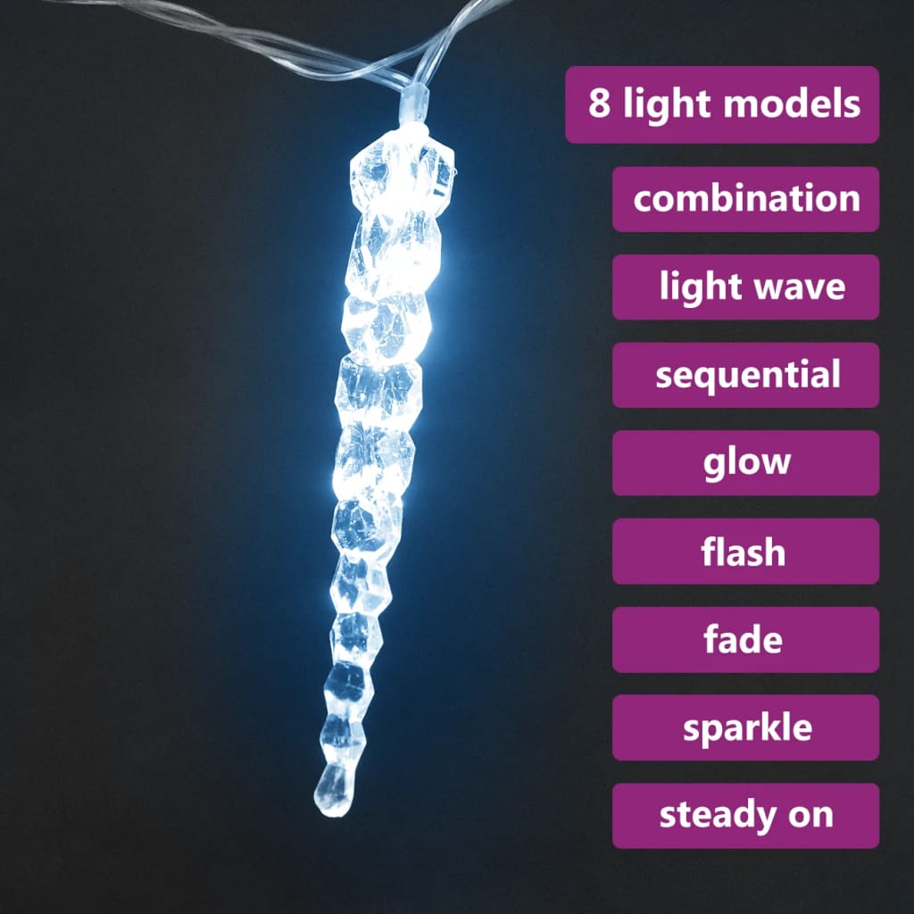 Icicle-shaped LED Christmas lights in cold white with 8 lighting modes listed.