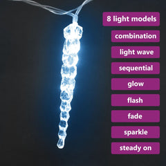 Icicle-shaped LED Christmas lights in cold white with 8 lighting modes listed.
