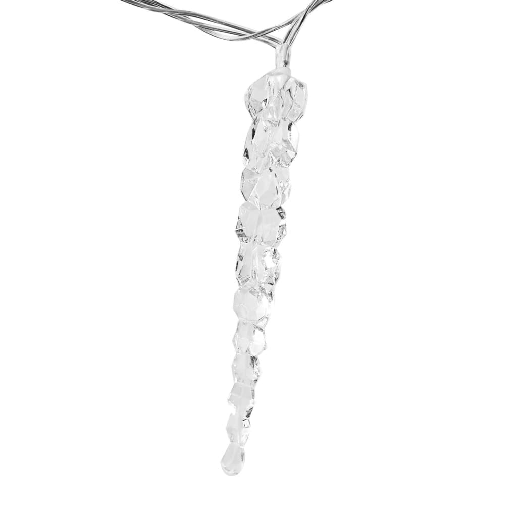 Icicle-shaped cold white LED Christmas lights with acrylic strands.