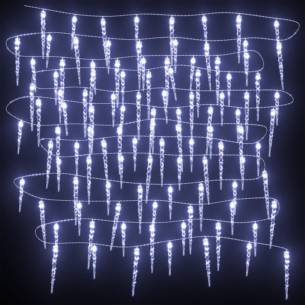 Icicle-shaped string lights with 100 cold white LED bulbs on a black background.