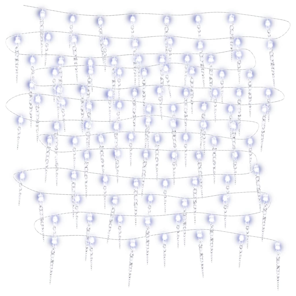 Icicle-shaped string lights with 100 cold white LED bulbs on acrylic strands.