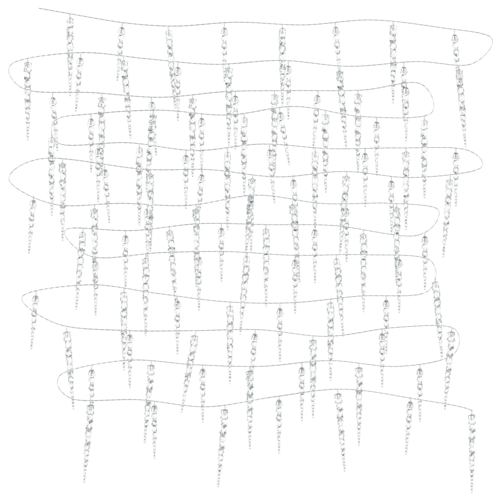 Icicle-shaped string lights with 100 cold white LED bulbs on acrylic strands.