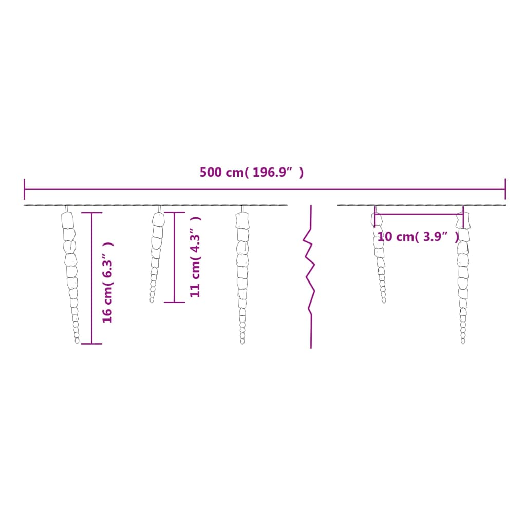 Diagram of Bostome Christmas Icicle Lights showing 500 cm length with 100 cold white acrylic LEDs on 50 short and 50 long strands.