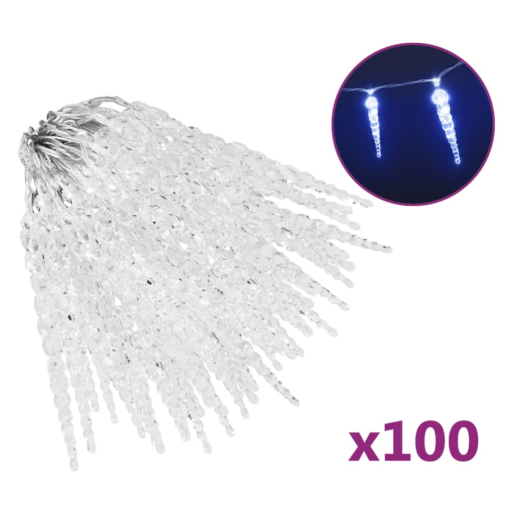 A bundle of 100 clear acrylic icicle lights with blue LEDs.