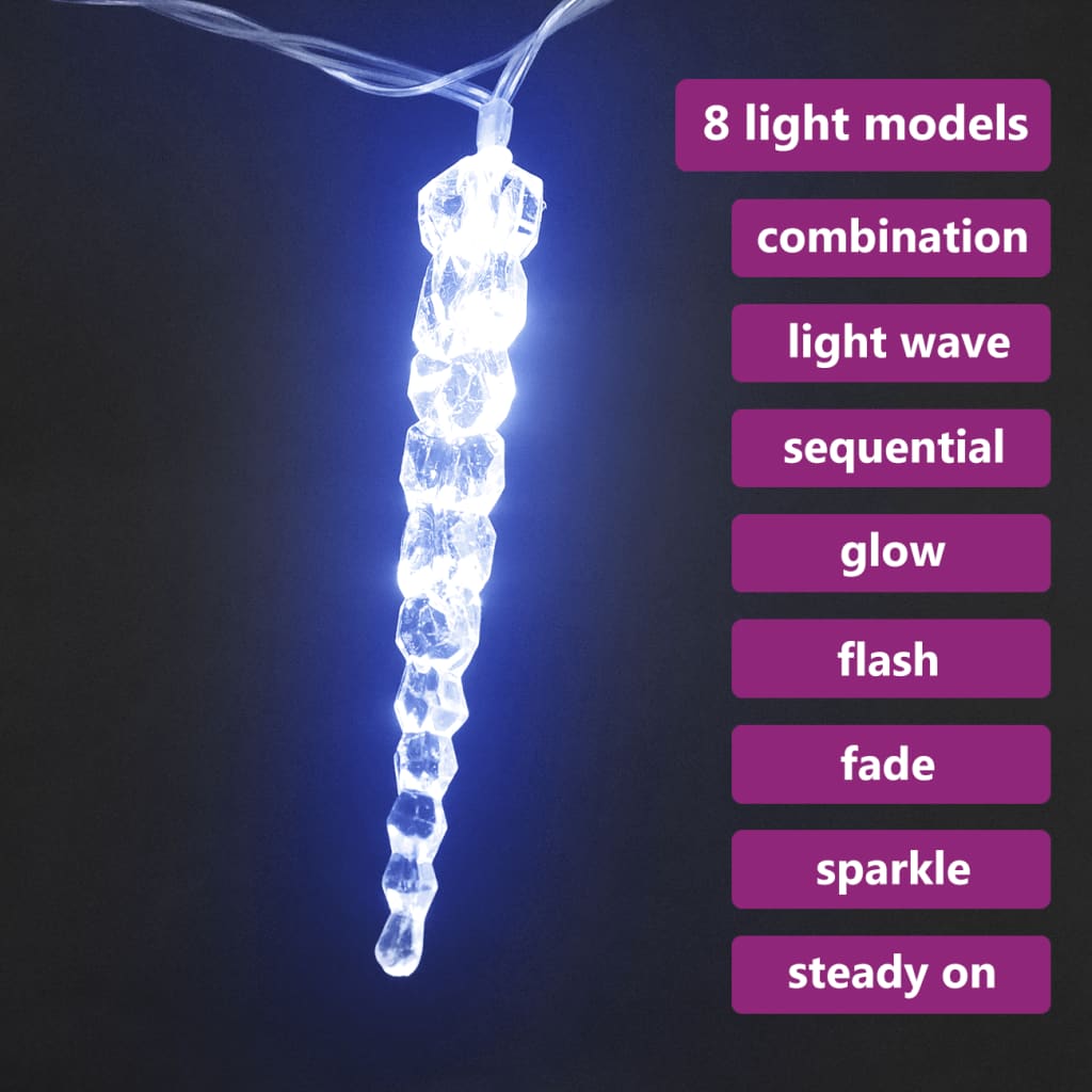 A single blue acrylic Christmas icicle light is shown with a list of 8 light models.