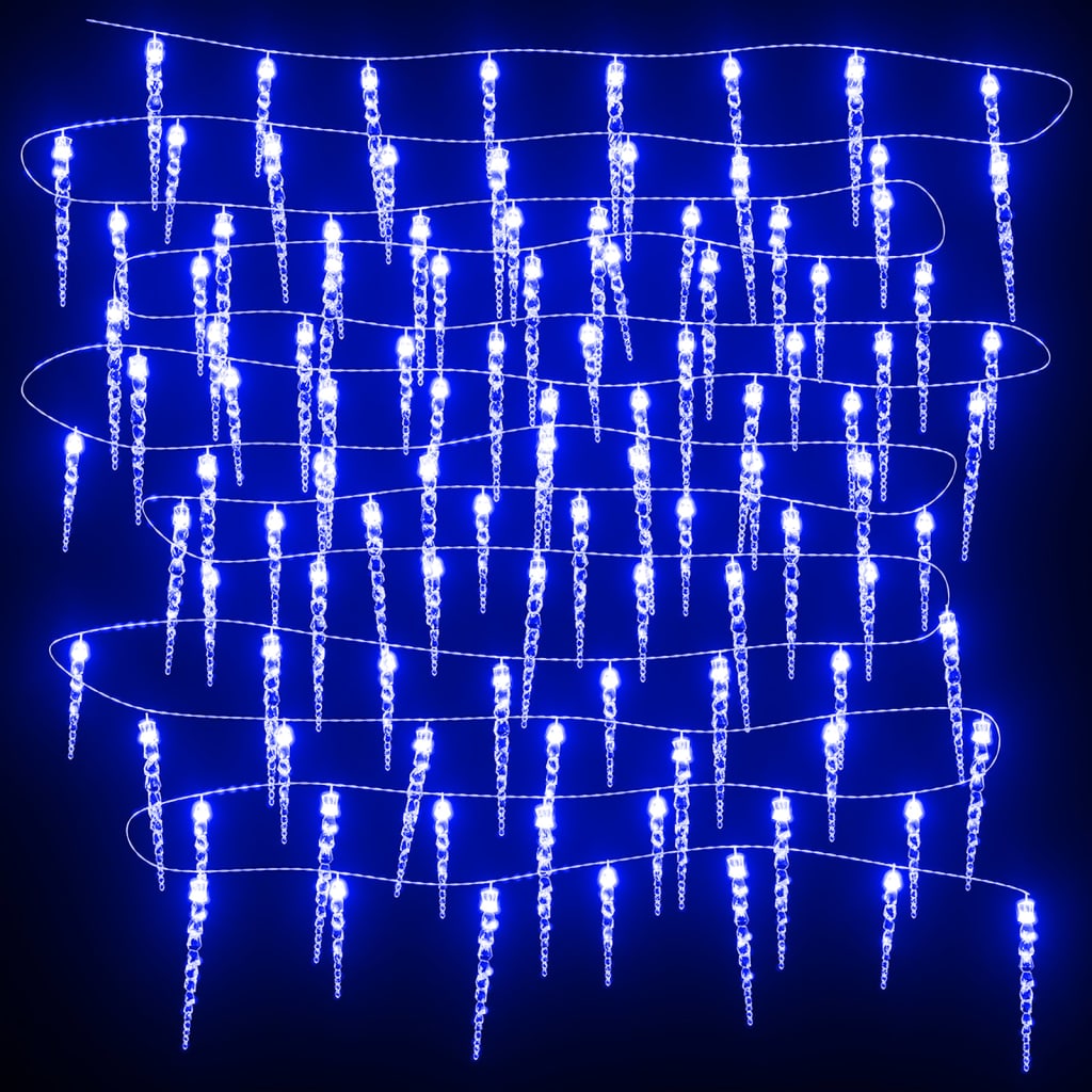 Blue acrylic Christmas icicle lights with 100 LEDs on a dark background.