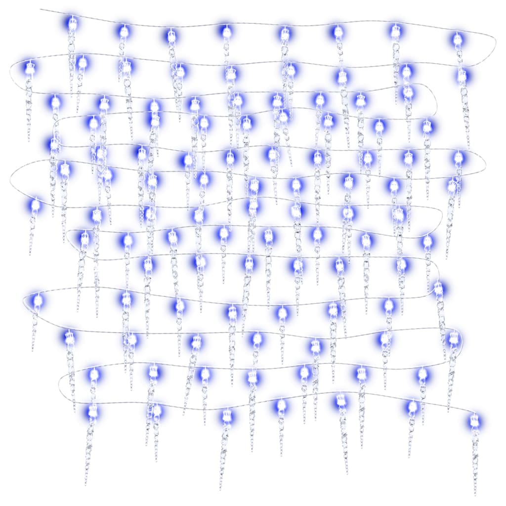Blue acrylic icicle Christmas lights with 100 LEDs on a 16.4-foot strand.