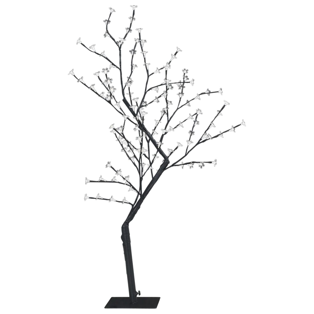 4ft cherry blossom Christmas tree with 128 cold white LEDs on bendable branches and black metal base.
