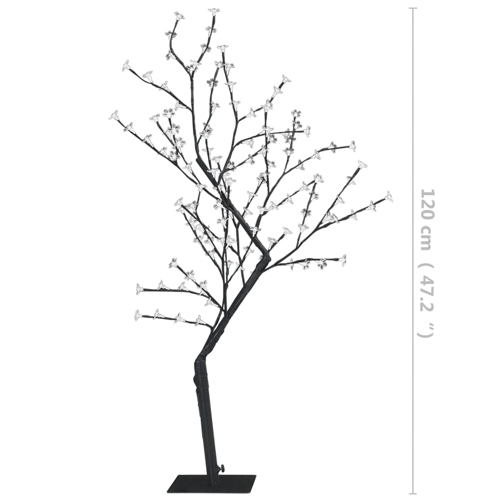 4ft cherry blossom Christmas tree with 128 cold white LEDs and black metal base, 120 cm tall.