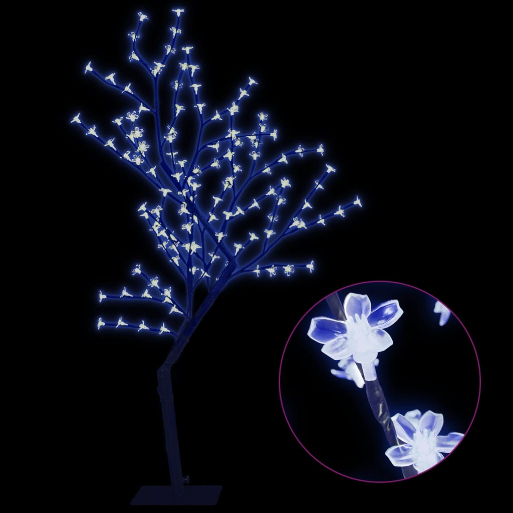 4ft blue LED cherry blossom tree with 128 lights on bendable branches and metal base.