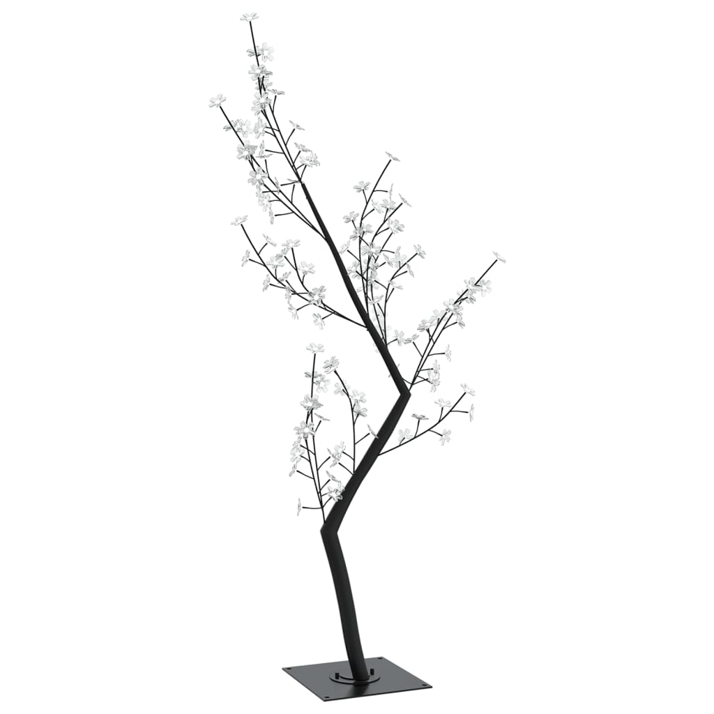 A 4ft black-trunk cherry blossom Christmas tree with 128 colorful LEDs on bendable branches and a stable metal base.