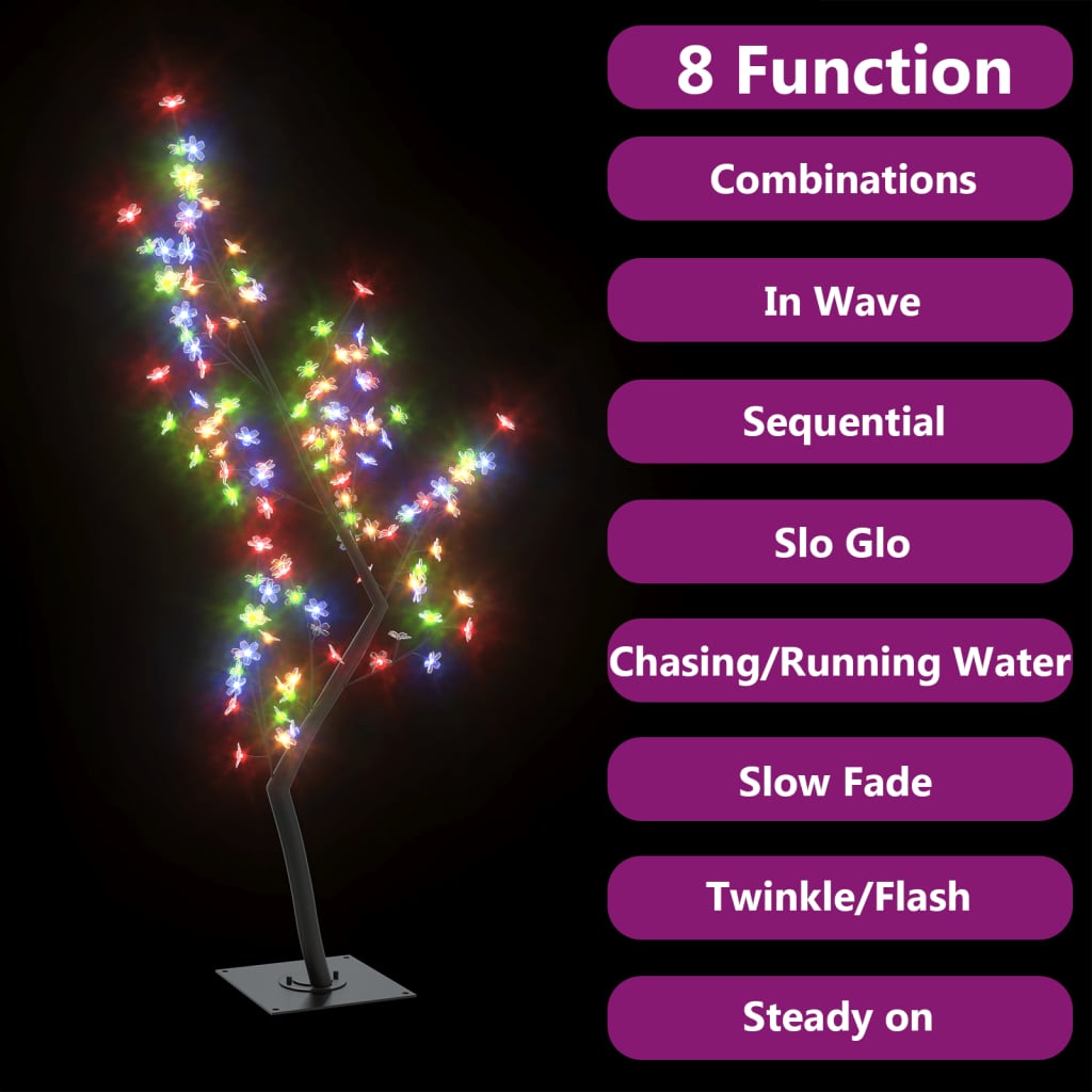 4ft cherry blossom Christmas tree with colorful LEDs and 8 light function buttons.