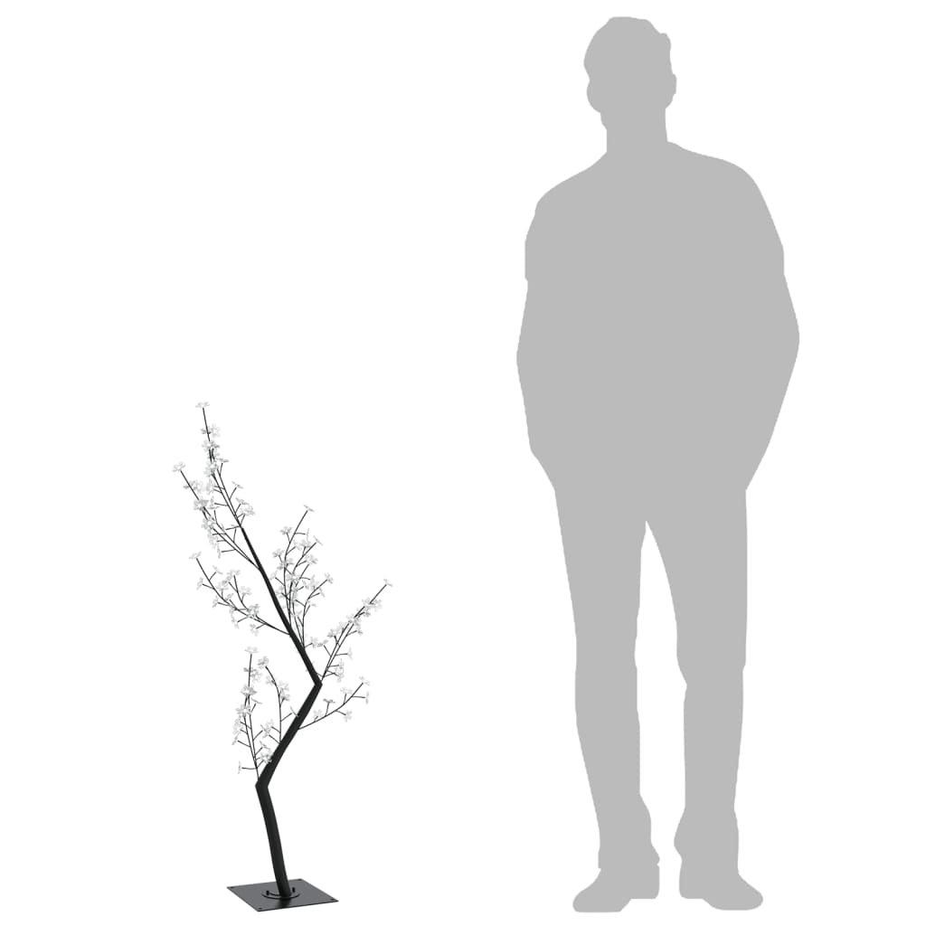 4ft cherry blossom Christmas tree with colorful LEDs next to a 6ft human figure for scale.