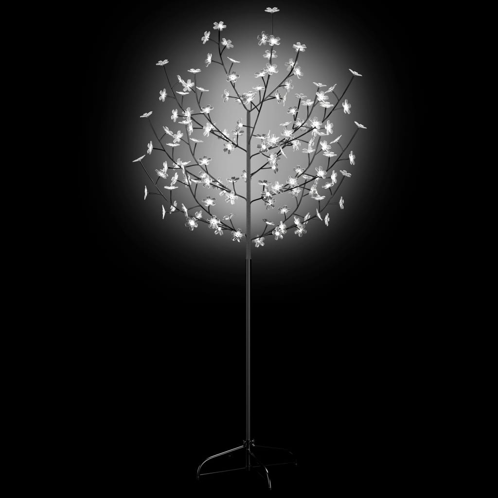 A 5 ft cherry blossom Christmas tree with 120 cold white LEDs on flexible branches and a metal stand.