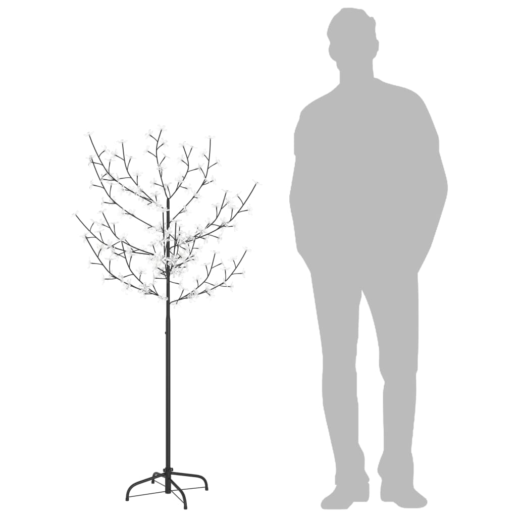 5 ft cherry blossom Christmas tree with 120 cold white LEDs next to a human figure for scale.