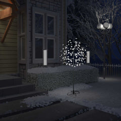 5 ft cherry blossom Christmas tree with 120 cold white LEDs in snowy outdoor setting.