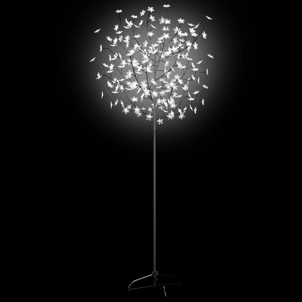 A 6 ft cherry blossom Christmas tree with 200 cold white LEDs on flexible branches and a metal base.
