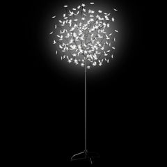 A 6 ft cherry blossom Christmas tree with 200 cold white LEDs on flexible branches and a metal base.
