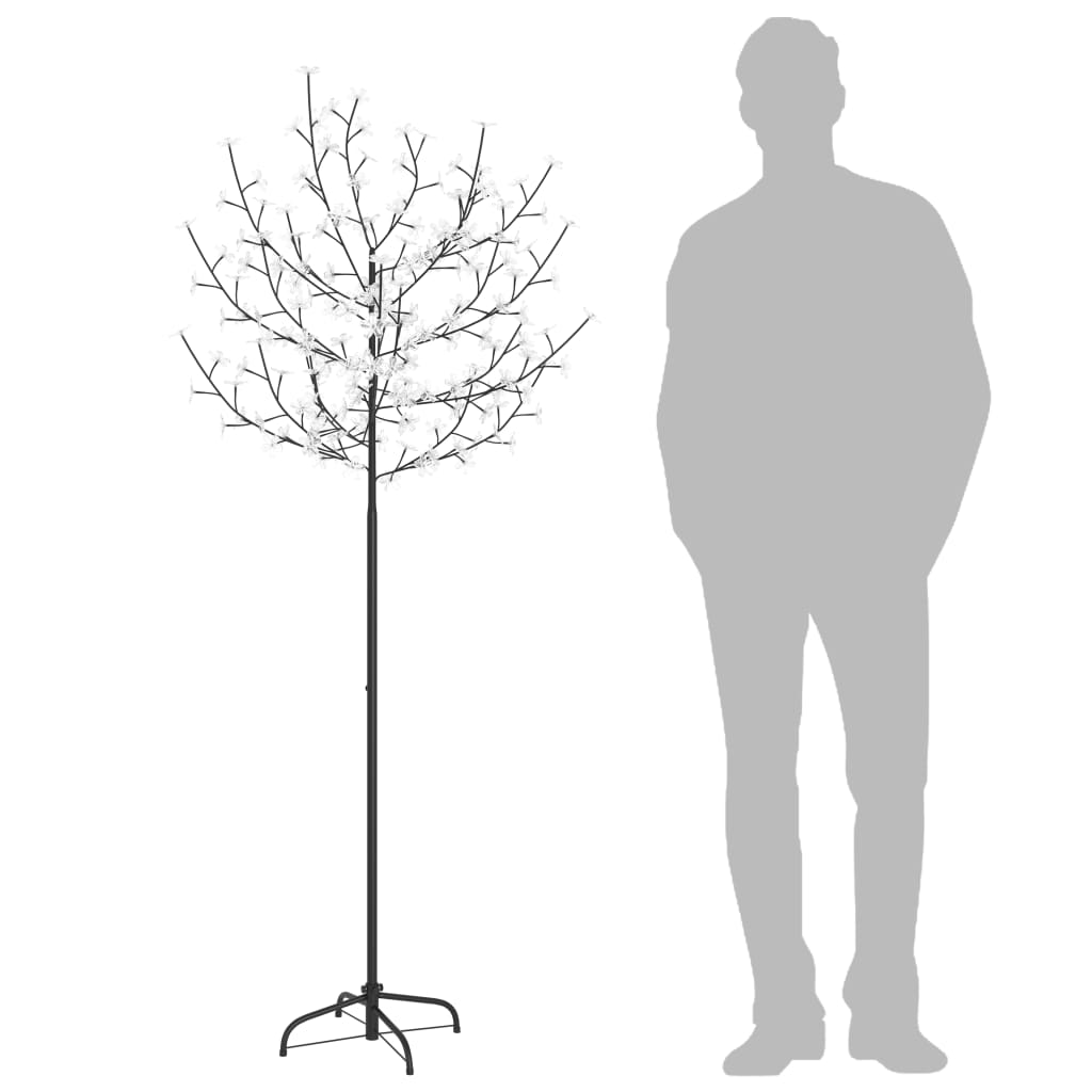 A 6 ft artificial cherry blossom Christmas tree with 200 cold white LEDs and a metal base, shown next to a 6 ft silhouette for scale.