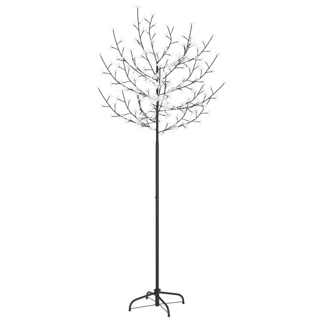 6 ft cherry blossom Christmas tree with 200 blue white LEDs on slim metal stand.