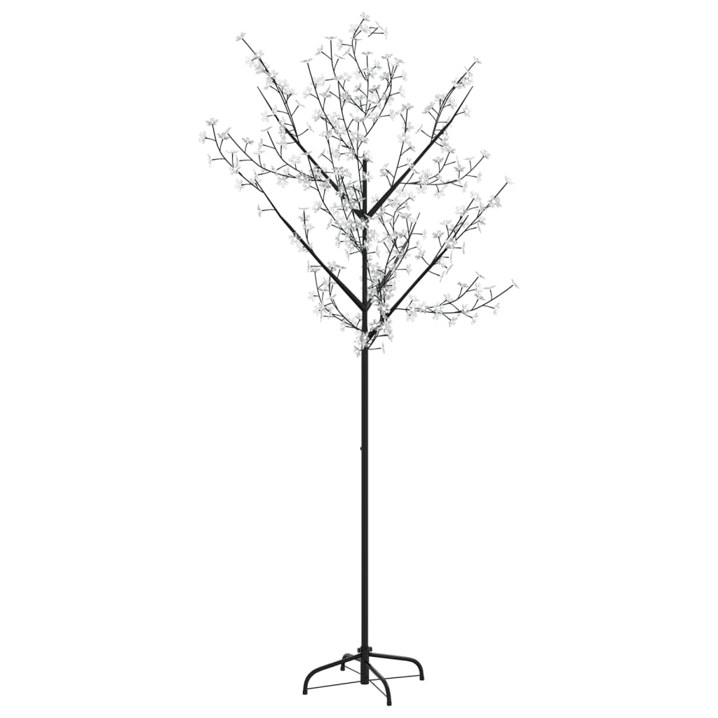 A 6ft artificial cherry blossom Christmas tree with 200 colorful LED lights on bendable branches and a black metal stand.