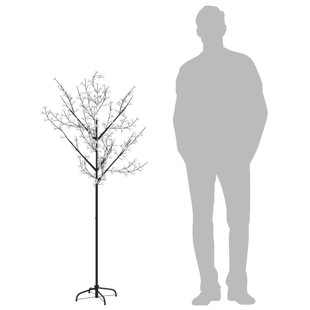 A 6ft artificial cherry blossom Christmas tree with 200 colorful LEDs, shown next to a human figure for scale.