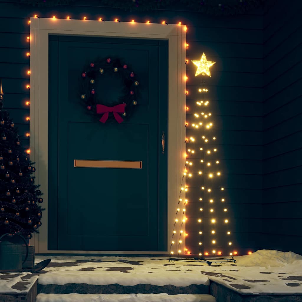 5ft Christmas cone tree with warm white LEDs and sturdy metal stand for indoor/outdoor use.