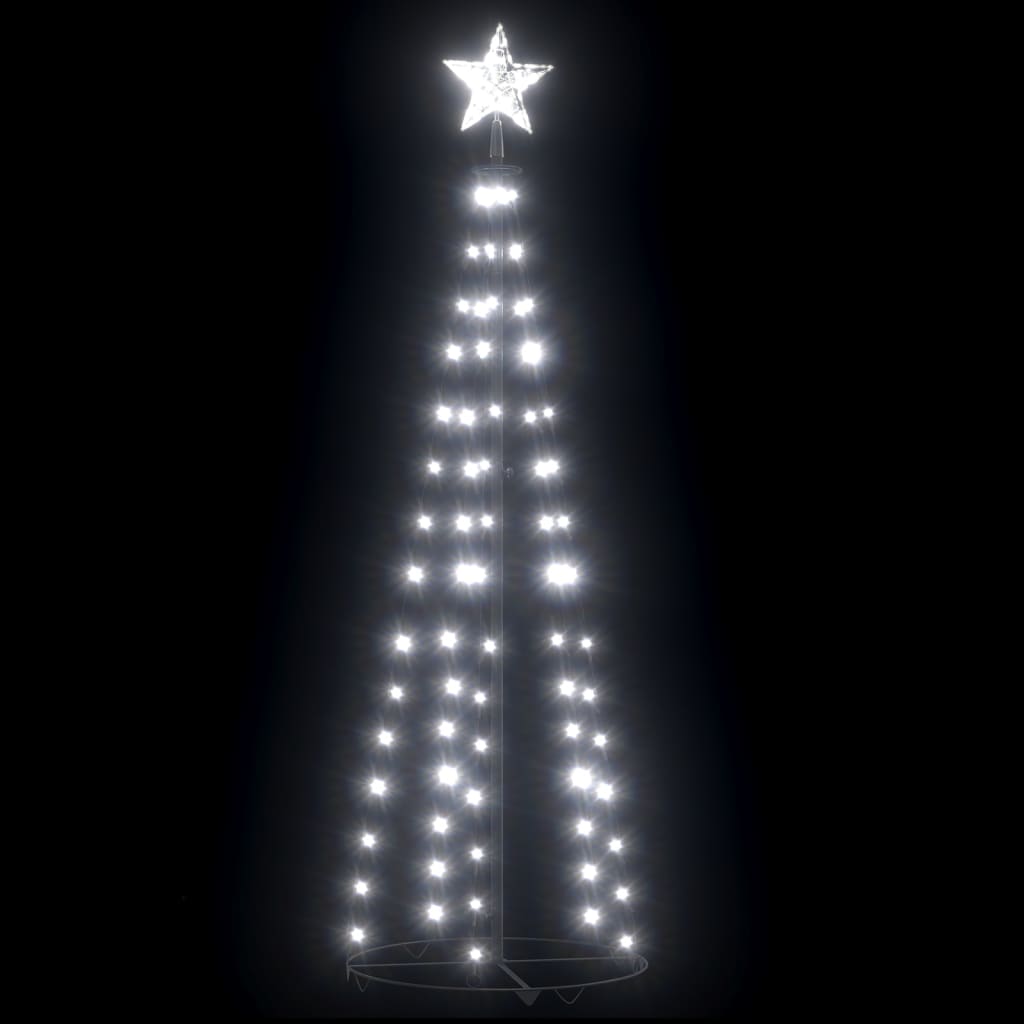 A 5-foot tall white LED Christmas cone tree with a star topper and 84 cold white lights.