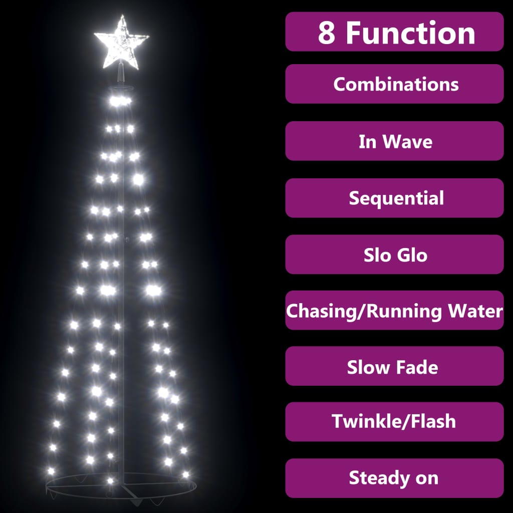 84-inch tall cold white LED Christmas cone tree with star topper and 8 lighting modes.